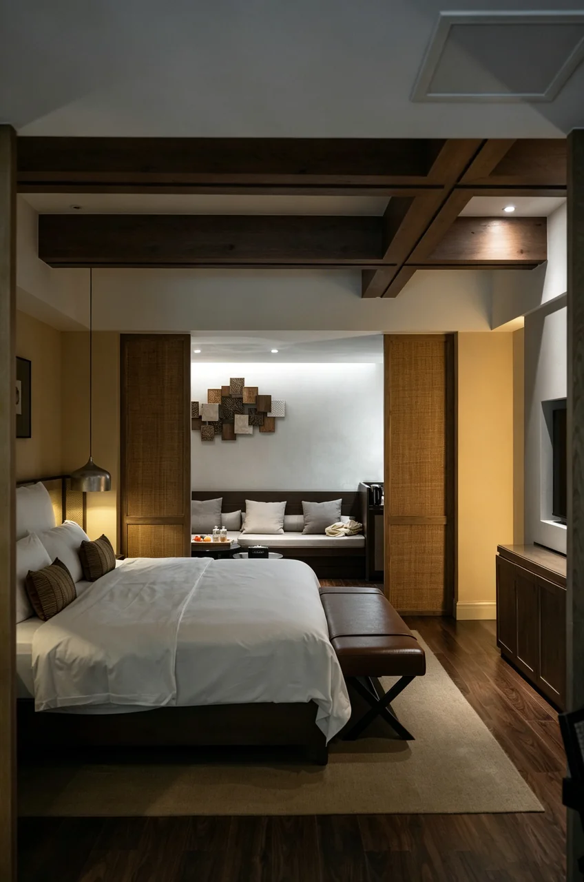 Modern hotel szoba meleg fényekkel